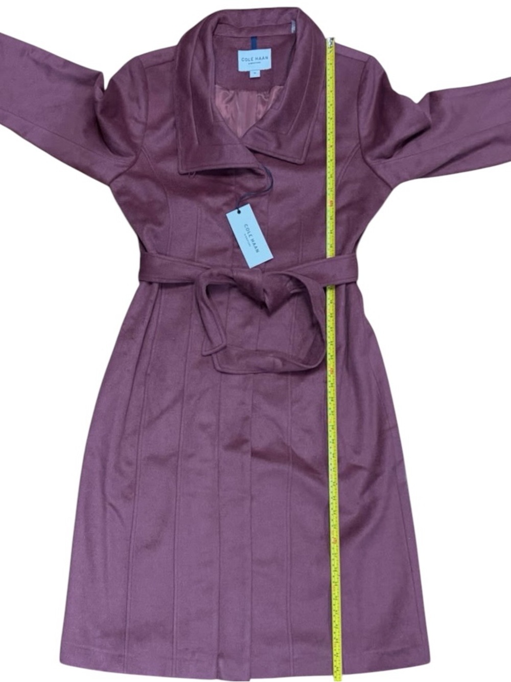 Cole Haan Sz 12 Tie-Waist Wool Trench Coat Dusty Rose pink purple Classic Boho. - Picture 8 of 12